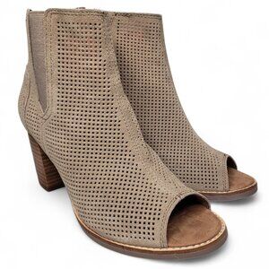 Toms Majorca Women’s Tan Perforated Suede Peep Toe Chunky Heel Booties Posh 7.5